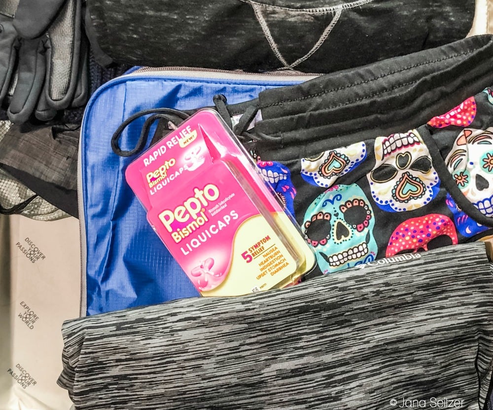 pepto bismol liquicaps in a suitcase