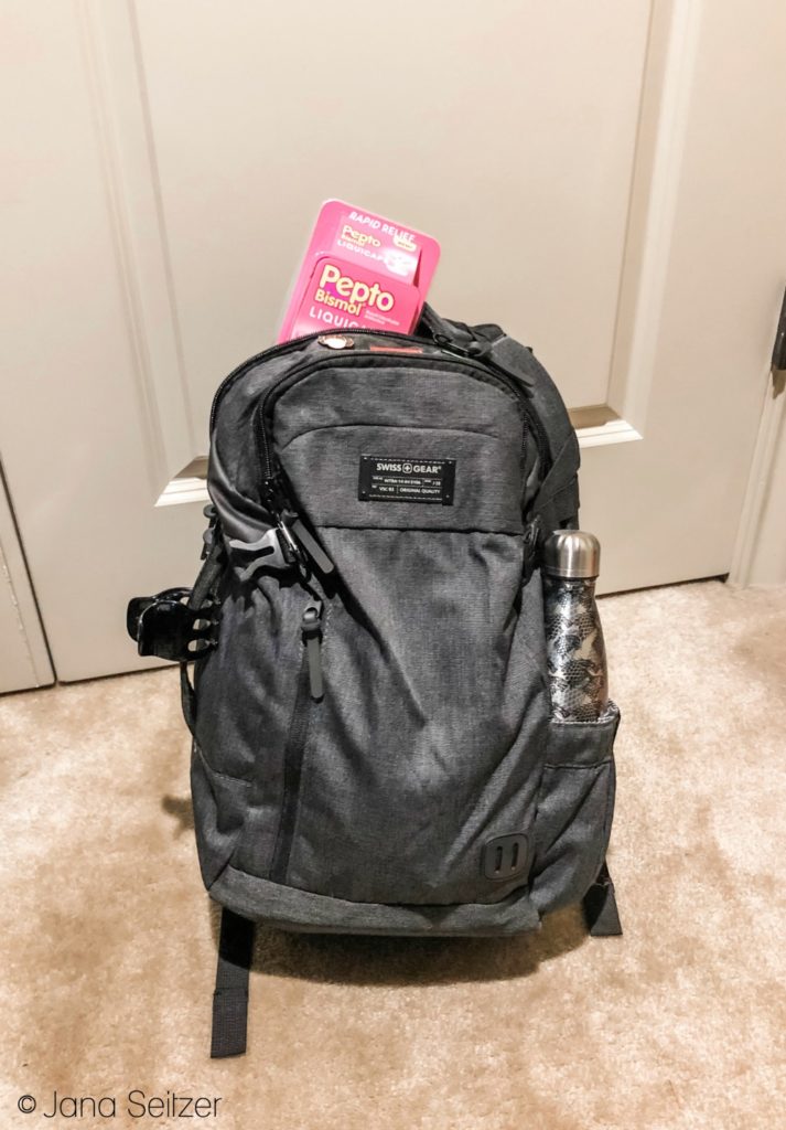 pepto bismol liquicaps in a backpack