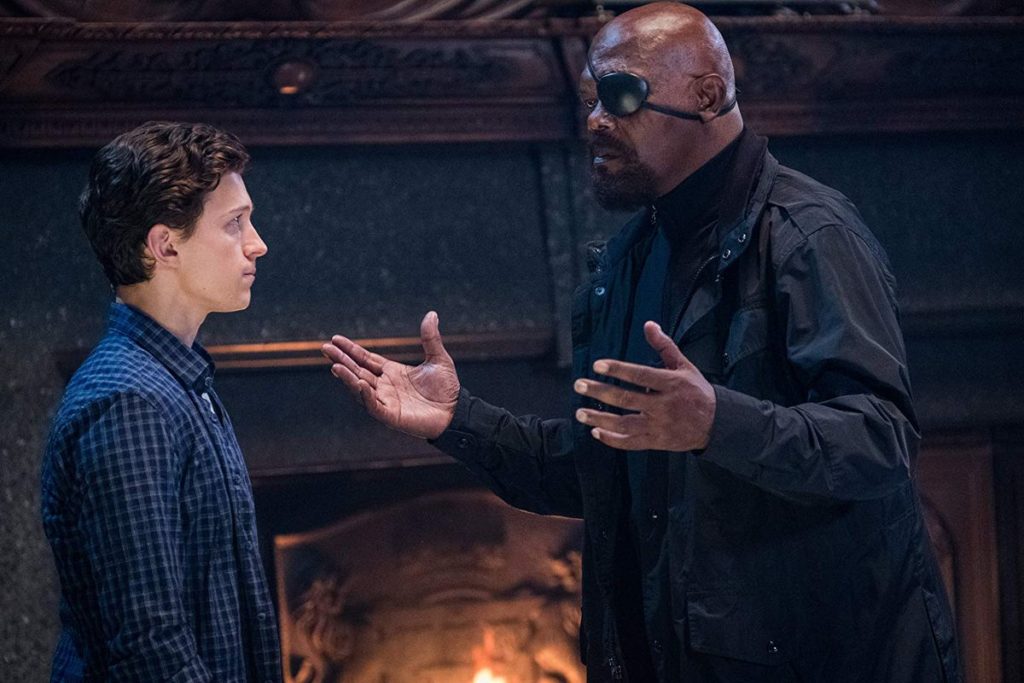 Nick Fury and Peter Parker in Spider-Man: Far From Home. Sony/Marvel