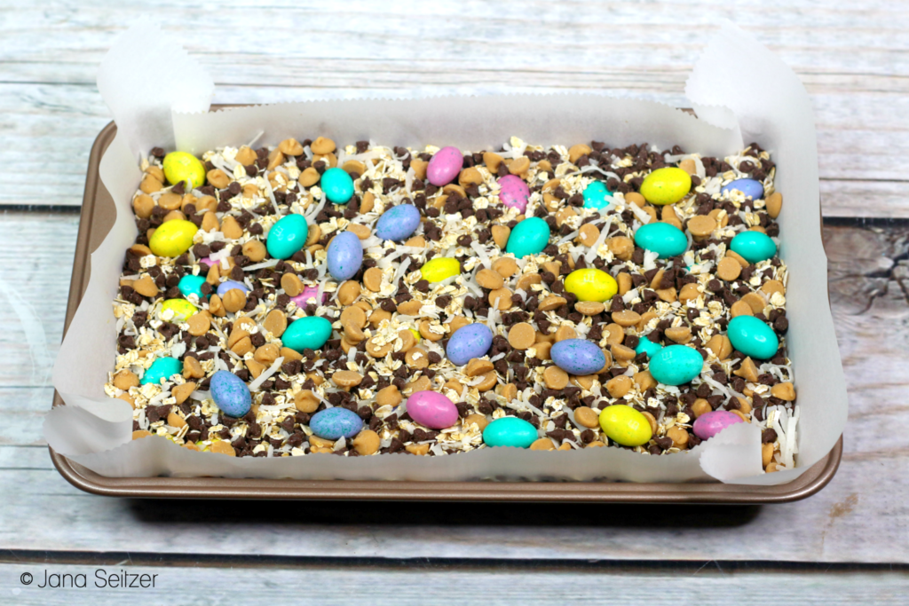 Easter Magic Cookie Bars in process