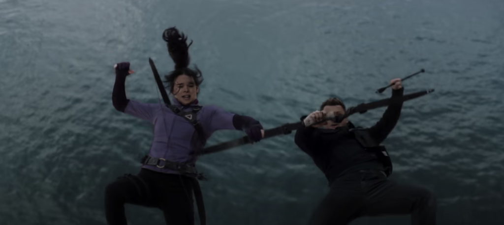 kate and hawkeye fall of the manhattan bridge as they use the plunger arrow